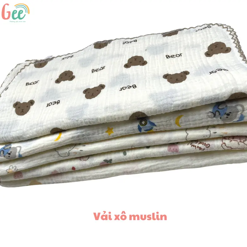 Khăn sữa muslin Gee, set 5 khăn xô mềm mịn mát, thấm hút, an toàn cho bé, họa tiết dễ thương, vải cotton 2 lớp, 30x30cm 5