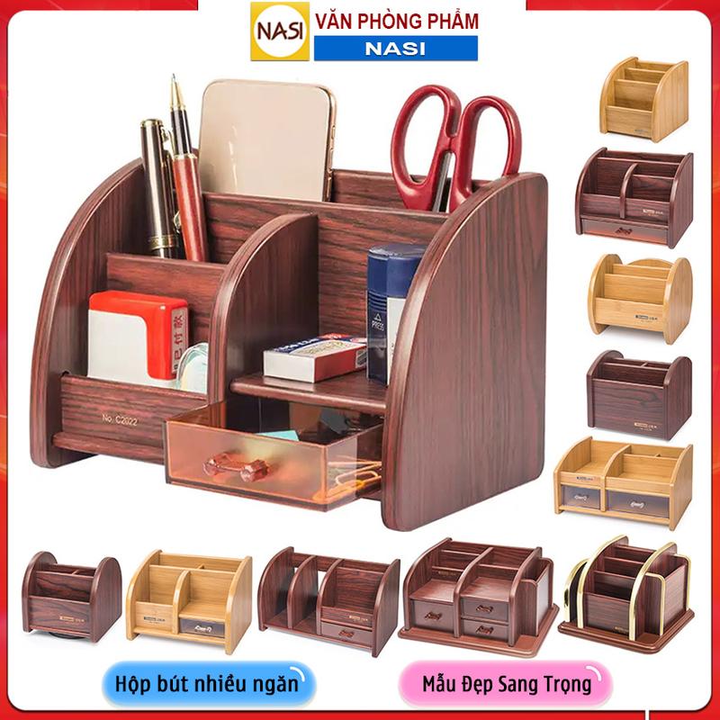 Hộp Đựng Bút Để Bàn cao cấp Văn Phòng Phẩm NASI NS08 bằng gỗ đẹp sang trọng cứng chắc kệ bút học sinh khay đựng văn phòng phẩm