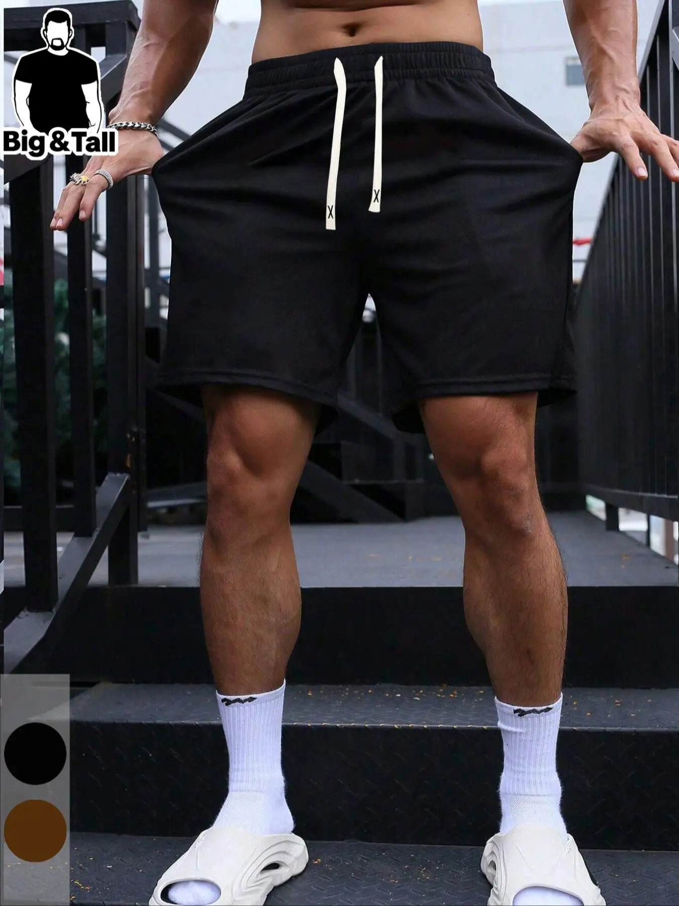 Men's Plus Size Solid Drawstring Pocket Shorts, Regular Fit Casual Elastic Waist Shorts for Summer, Men's Plus Size Bottoms for Daily Wear