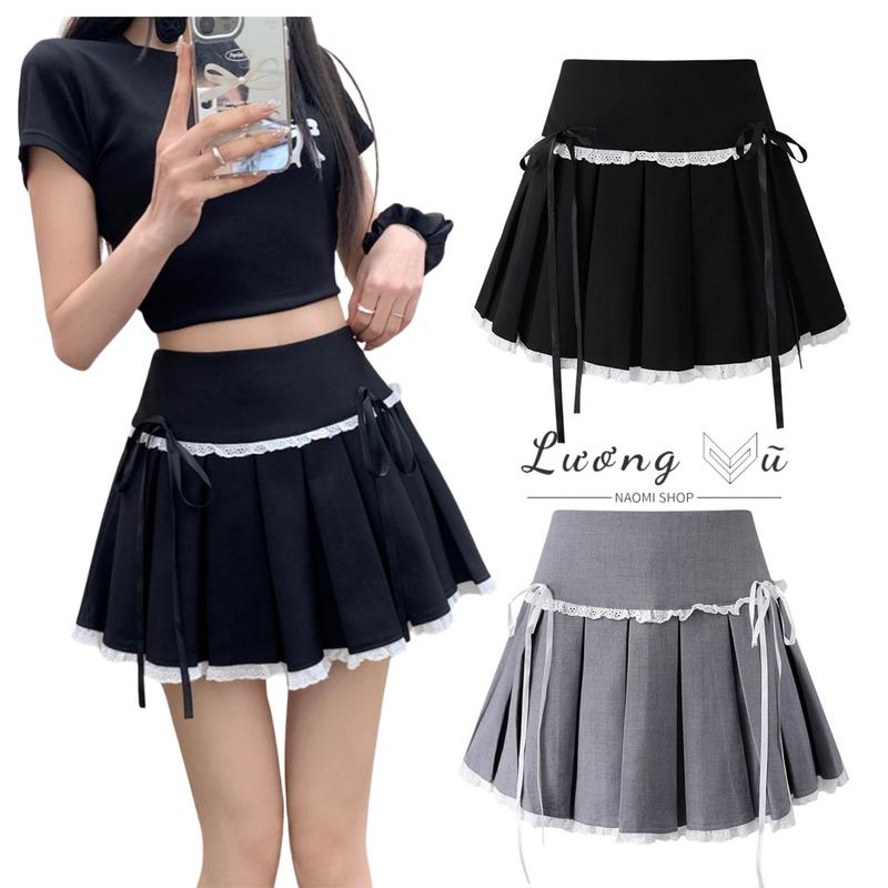 Chân váy xếp ly bản to phối ren đính nơ nữ tính 2 màu Đen - Ghi dễ phối đồ CV09 Thông thường casual Skirts Women hàn quốc