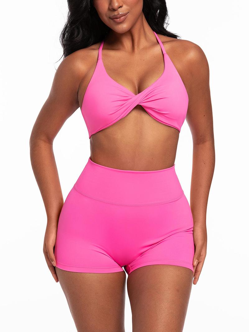 Product Introduction of Women's Solid Color Twist Front Crop Top & Skinny Shorts Two-piece Set, Casual Fashion Cozy Breathable Two Piece Outfits for Daily Outdoor Wear, Ladies Clothes for All Seasons 1