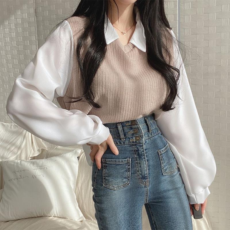Áo Phông Dài Tay Áo, Sọc, Thiết Kế Hai Mảnh Giả, Phong Cách Cổ Điển Mỹ, Chắp Vá, Cổ Polo, Áo Len, Dáng Rộng Vừa Vặn, Phong Cách Đường Phố Cao Cấp, Áo Cổ Polo, Ins Women Top Nữ 4