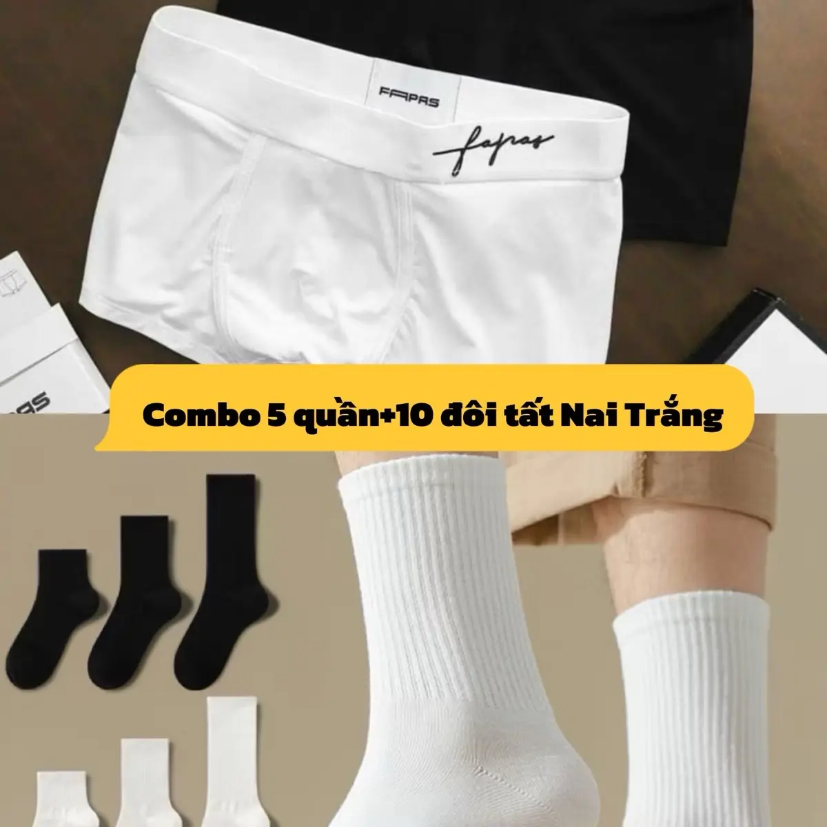 Combo 4 quần boxer + 2 đôi vớ/tất Nai Trắng. (Deal mở bán giá giảm sâu)