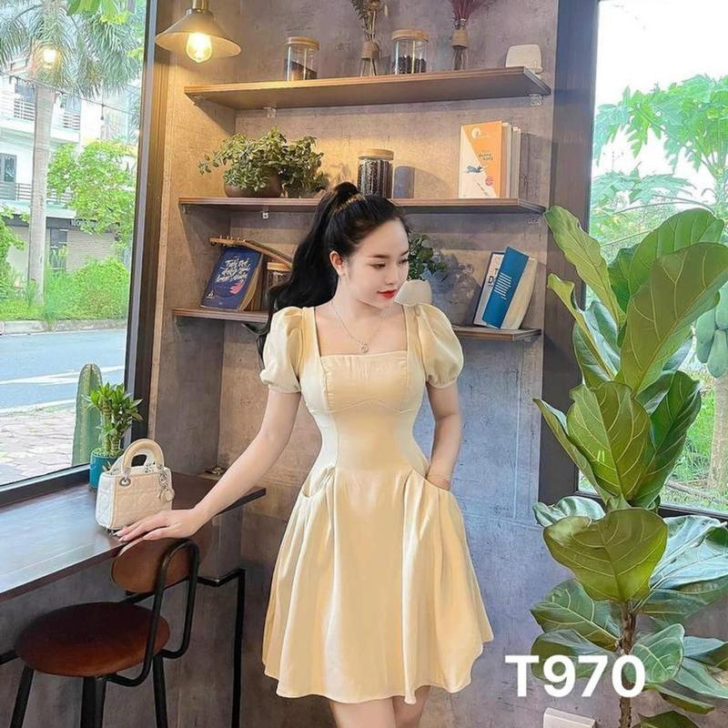 Đầm xoè nữ tay phồng cổ vuông có mút dự tiệc dạo phố xếp ly vải for  KEM 6