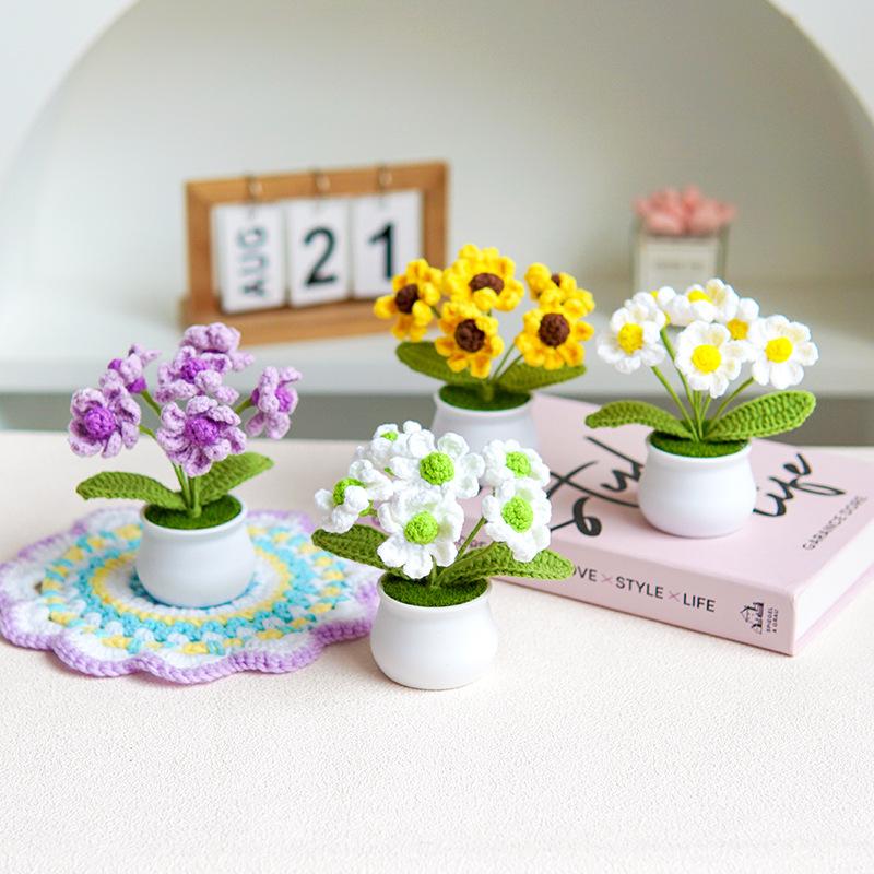 Finished handmade woven lily of the valley potted home decoration, knitted simulated flower yarn, crochet bouquet, fake flower gift 3