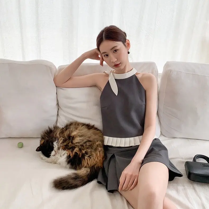 Set áo váy nữ cổ nơ và chân váy xếp li tiểu thư sang chảnh Hottrend 2024 1