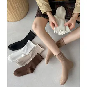 KK362 Kaos Kaki Wanita Sebetis Renda Katun Mid Tube Summer Trend Japanese Style Milky Brown Women Socks