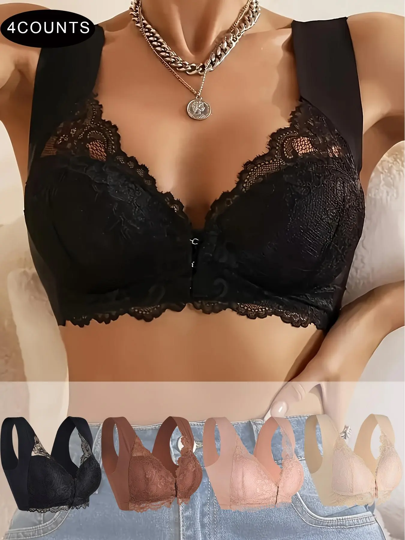 Women's Solid Wireless Push Up  Curvy  Bra, Sexy Comfortable Breathable Hook & Eye Front Bra, Women's Lingerie for All Seasons