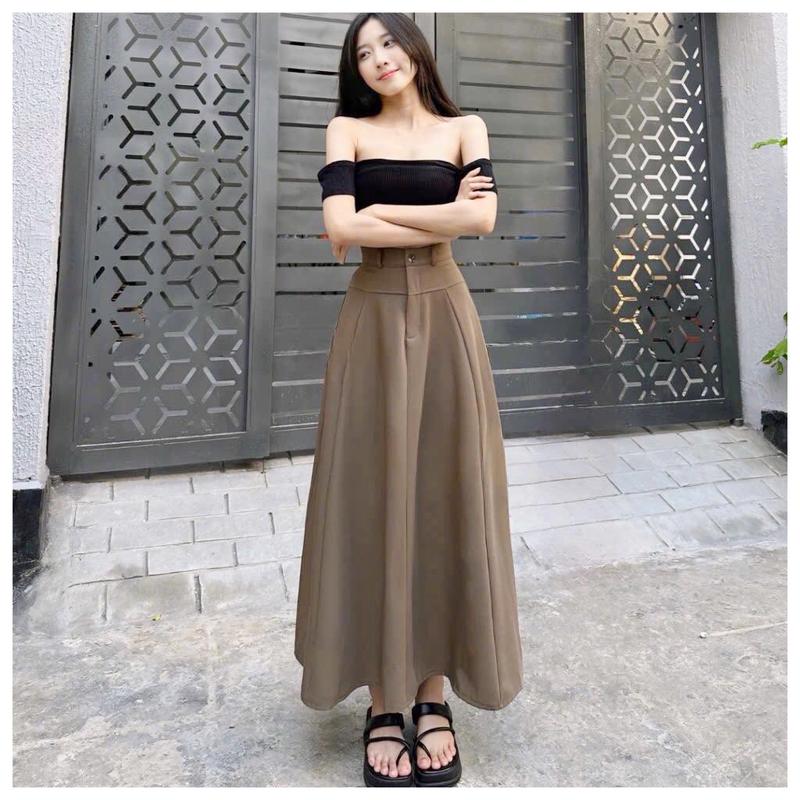 Chân váy xoè vintage dài 90cm chất chéo Hàn không nhăn, không xù, không bai, sành điệu trẻ trung nhà Buzzi 237 đen dáng quốc chan vay dai