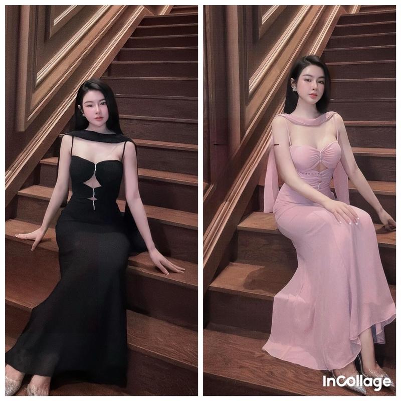  Đầm Nữ Thiết kế dáng dài ôm đuôi cá nhúm ngực khăn quàng cổ sang chảnh. Đầm nữ dạ hội đẹp. Women Voan Kem 