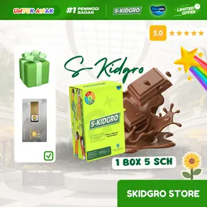S-KIDGRO Susu Bubuk Rasa Cokelat Peninggi Badan Anak Tinggi Kalsium Dha 1 Box 5 Sahchet Free Emas Bisa Cod!