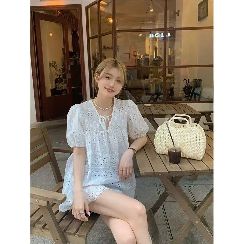 Áo Ren khoét Trắng Kiểu Pháp, Dành Cho Nữ, Dễ Phối Đồ Dáng Rộng Vừa Vặn, Áo Sơ Mi Ngắn Tay, Áo Sơ Mi Tay Phồng 1