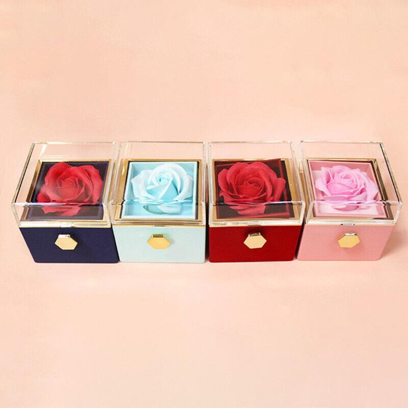 Product Introduction of Creative Eternal Rose Rotating Box Soap Flower Transparent Lid Rose Gift Box Acrylic With Gift Bag Ring Box Wedding Party 12