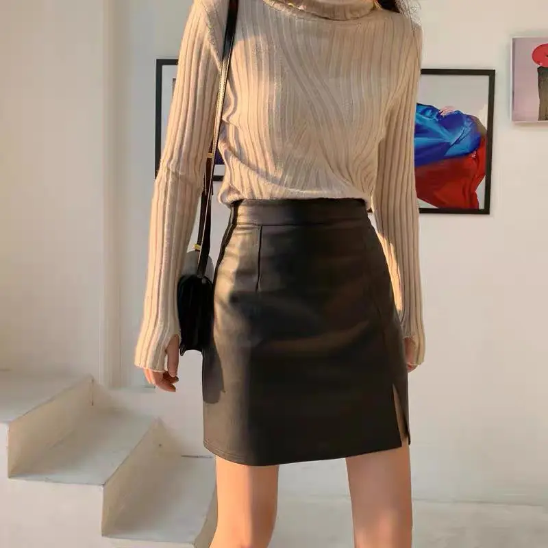 Chân Váy Da  Chữ A dáng ngắn 818 Nữ Women Đen 1