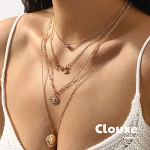【Clouxe】Kalung Tunggangan Ganda Lapisan Berlian Hati Mata Bintang Bulan Zodiak Berkilau Halus Tertata F500