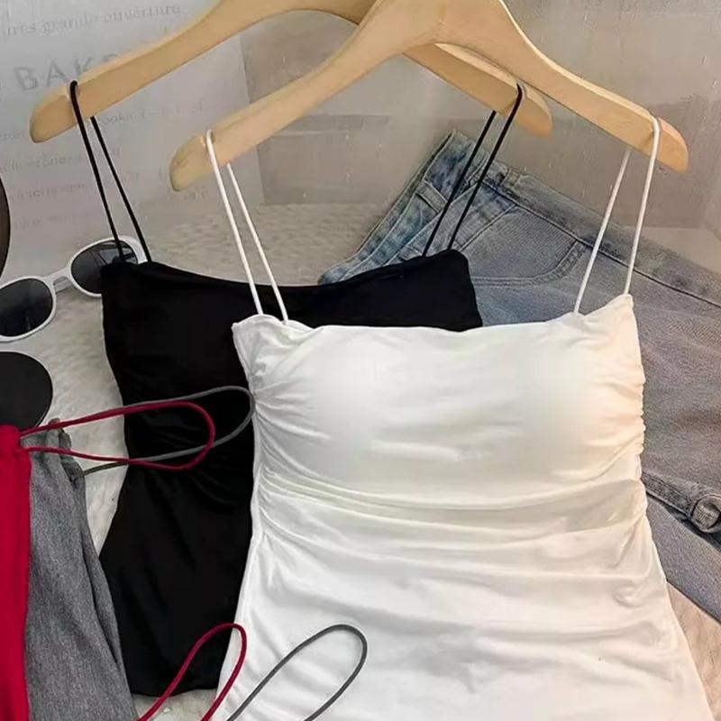 Áo Yếm Nữ, Màu Trơn Dây Đeo Spaghetti Thiết Kế Xếp Ly, Mỏng Vừa Vặn, Có Đệm Ngực, Thích Hợp Cho Mùa Hè 2