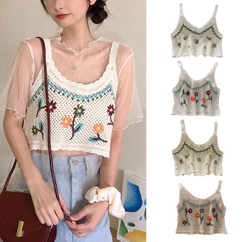 💥[A162] Áo 2 DÂY sang chảnh len LƯỚI Montoghi hàng dệt kim Croptop nữ ngắn THÊU HOA mặc được NHIỀU KIỂU siêu xinh - L2M (Top Nữ Women Nhung ) 【 hoa hồng 】 5
