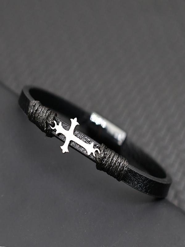 Men's Vintage Cross Charm Decor Bracelet, Fashionable Leather Bracelet for Party, Daily Clothing Decor, Trendy All-match & Exquisite Jewelry for Birthday Gift 3