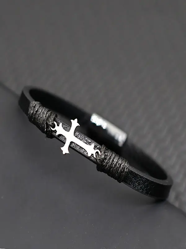 Men's Vintage Cross Charm Decor Bracelet, Fashionable Leather Bracelet for Party, Daily Clothing Decor, Trendy All-match & Exquisite Jewelry for Birthday Gift 3