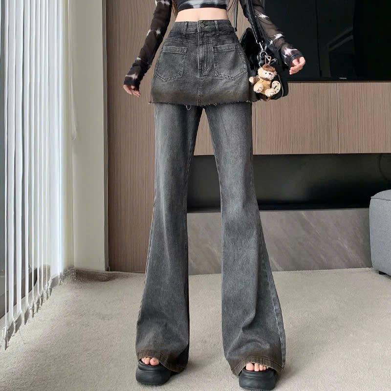 (QB442) Quần jean ống loe phối giả váy cạp cao MAIDO TRENDY