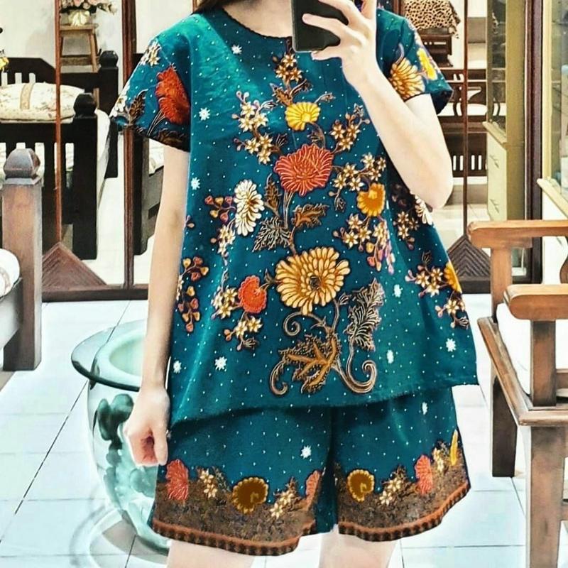 Setelan batik wanita Bahan Katun Primis halus premium Warna Hitam Baju Batik Imlek wanita Mewah Lengan pendek 4
