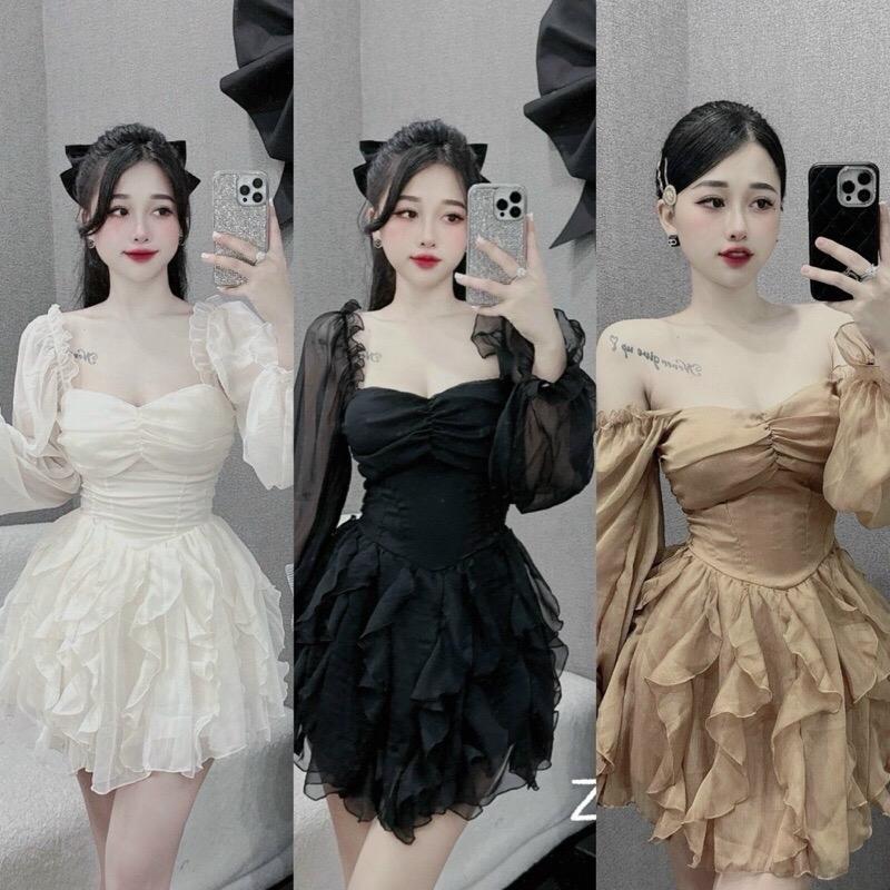 váy tơ cúp ngưc tay dài siêu xinh 0