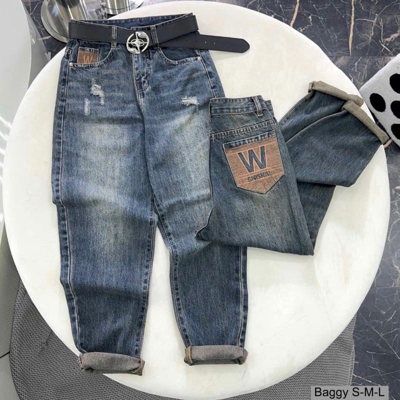 JEANS (203) QUẦN JEANS BAGGY CẠP LƯNG CAO MẶT TRƯỚC PHỐI RÁCH XƯỚC CHẤT JEANS COTTON MỀM MỊN JEANS QC CAO CẤP NỮ 1