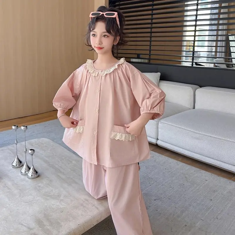 Đồ Ngủ Cho Học Sinh Trung Học Cơ Sở, Phong Cách Hàn Quốc, Tay Áo Ba Phần Tư, Dáng Rộng Vừa Vặn, Đồ Mặc Ở Nhà Cho Bé Gái, Đồ Ngủ Trẻ Em Lớn, Thích Hợp Cho Mùa Xuân Và Mùa Hè, Bộ Đồ Điều Hòa Không Khí Cho Trẻ Em
