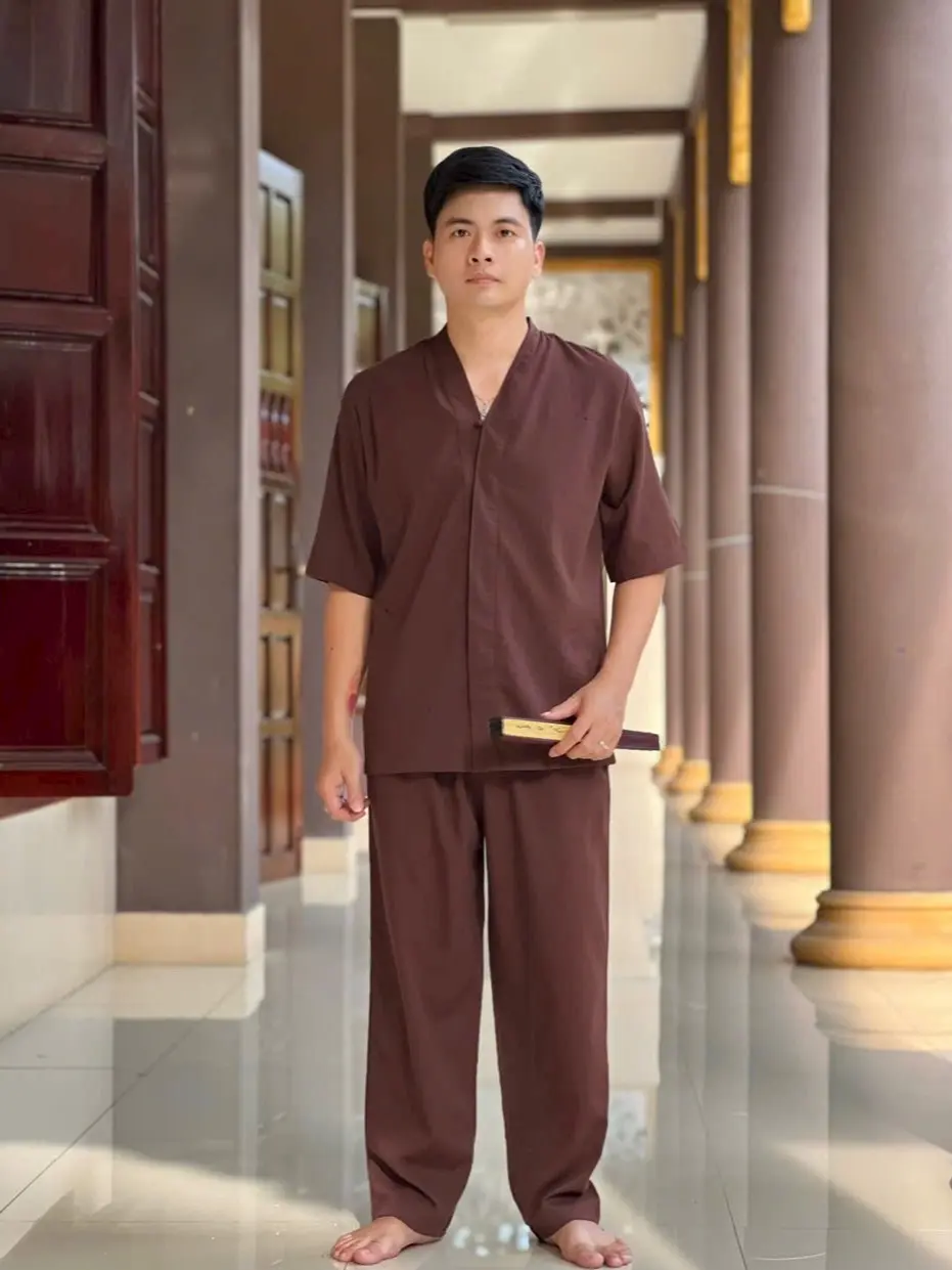pháp phục lễ chùa - Mẫu 1 nút từ Đồ lam - Chất liệu Linen thun nam