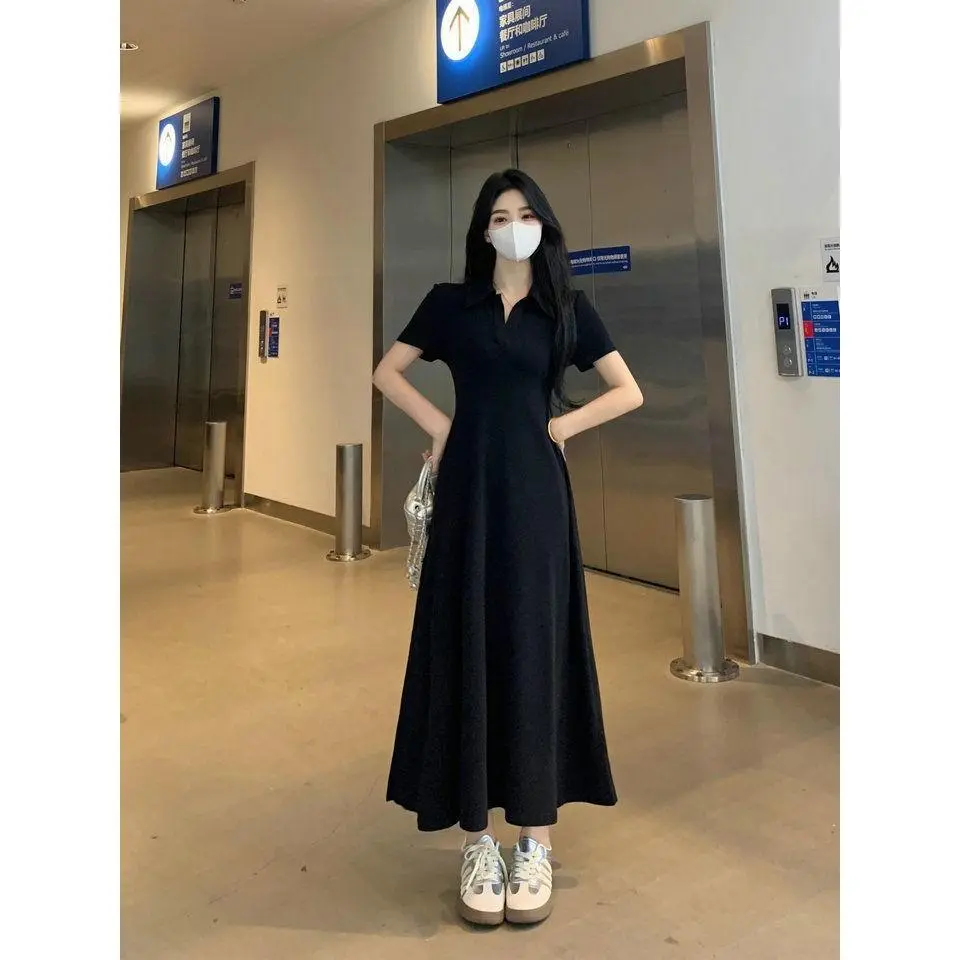 ワンピース French Sleeve Polo Long Dress French Style High-End Short Sleeve Dress for Women, Summer Waist
