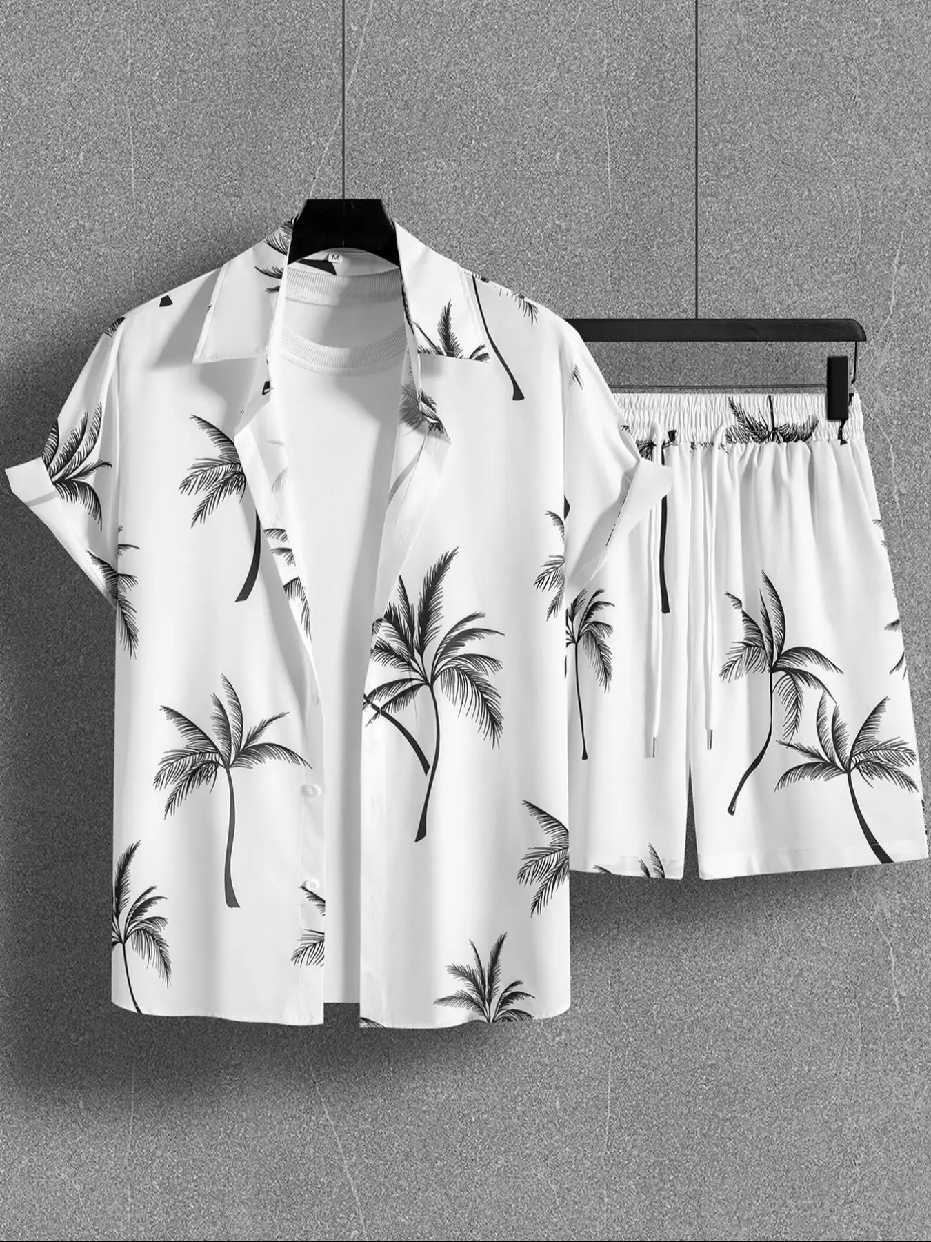Men's Coconut Tree Print Short Sleeve Shirt & Drawstring Waist Shorts Two-piece Set, Regular Fit Casual Comfy Button Front Collared Top & Pocket Shorts, Men's Summer Outfits for Beach Vocation