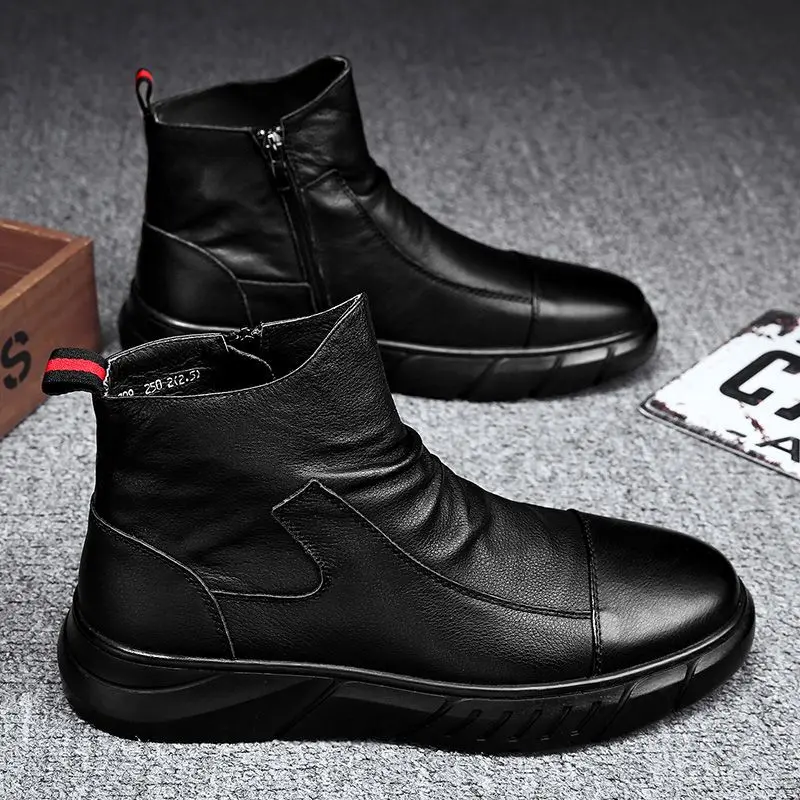 Giày Nam, Màu Trắng Và Cao Cổ, Cỡ Nhỏ Boot Công Nhân, Thích Hợp Cho Mùa Thu Và Mùa Đông, Màu Đen, Làm Bằng Da, Hàng Mới Về 2024 6