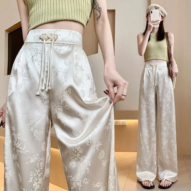 Pants Women Spring/Summer New Chinese Style Buckle High-end High Waisted Slim Draped Straight/ Wide Leg Pants 1 Lingerie Polyester Clothing Loose