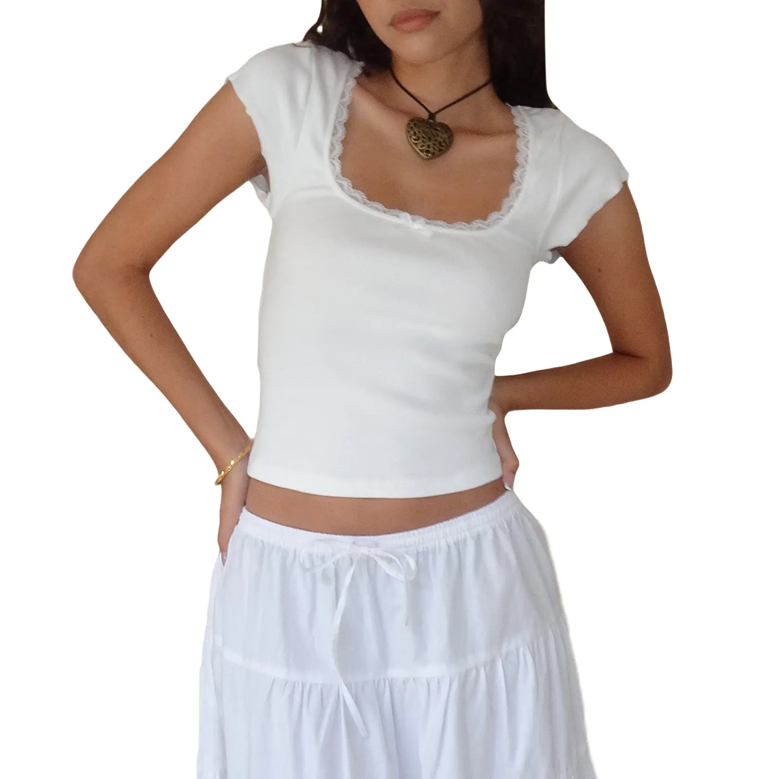 Women T-shirt, Short Sleeve Square Neck Lace Patchwork Bow Summer Tops Streetwear