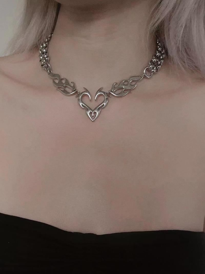 Product Introduction of Punk Style Hollow Out Flame Design Stainless Steel Chain Necklace, Gifts for Girlfriend, Accessories for Men, Fashion Heart Design Jewelry for Party, Daily Decor, Trendy Jewelry for Birthday Gift, Valentine's Day 0
