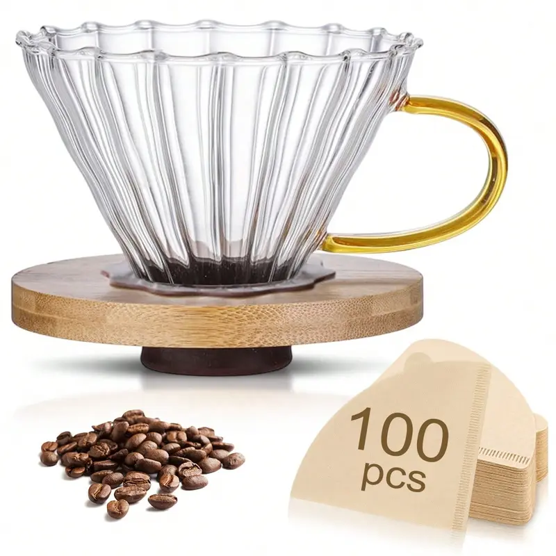 #KUP 1pc Glass Coffee Dripper/Filter, Cone Pour Over Coffee Dripper With Bamboo Stand & Handle, Coffee Pot Funnel Coffee Filter, Portable Reusable Drip Coffee Maker Funnel Accessories For Home, Office, Cafes And Restaurants moka 6