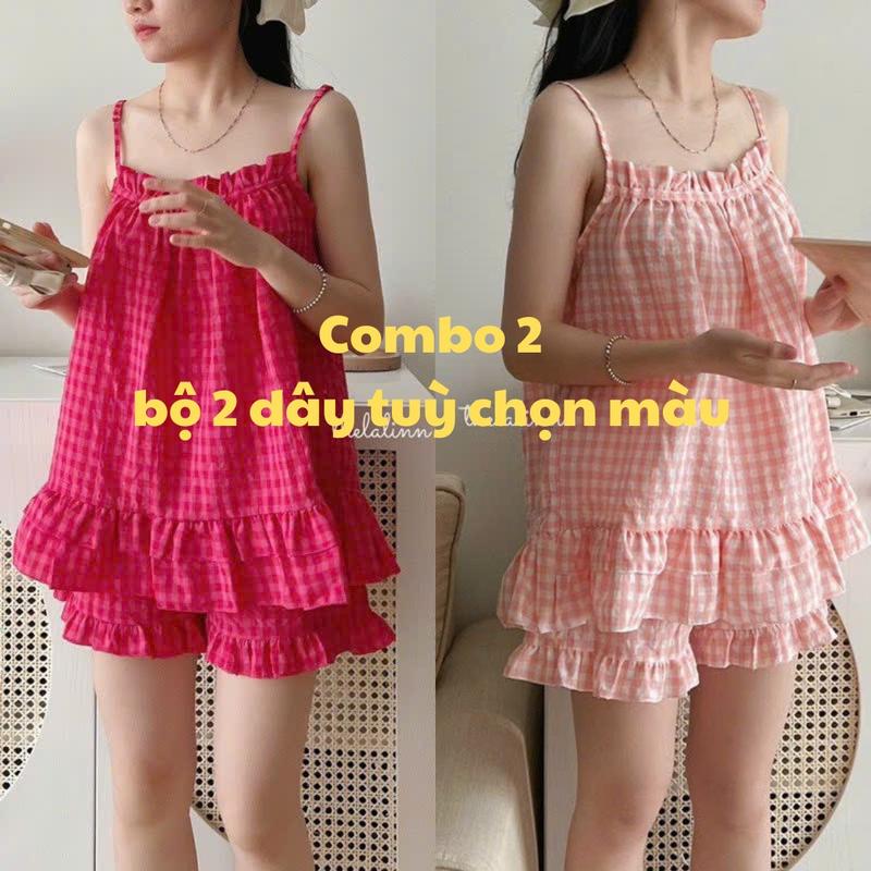 [Combo 2 Bộ]  Đồ Ngủ 2 Dây Nữ Women Sợi Bún Chất Liệu Đũi Thô Mùa hè Có Size, Big Size Nhiều Họa Tiết, Quần Ngủ