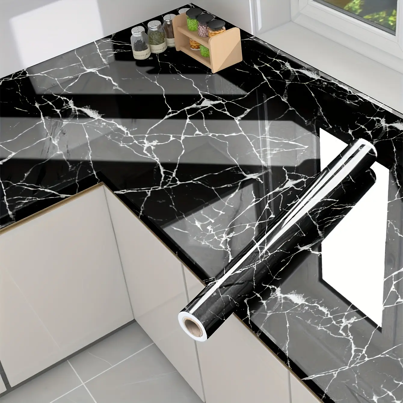 Decal Dán Nhà Bếp Tự Dính, "Bìa Giấy Bền", Chống Thấm Nước Và Chống Dầu, Giấy Dán Tường Đá Cẩm Thạch Đen, Thích Hợp Cho Bếp, Mặt Bàn, Gạch, Tủ Và Bàn Ăn, Cuộn Nhãn Dán Trang Trí Nhà Cửa Đầy Màu Sắc