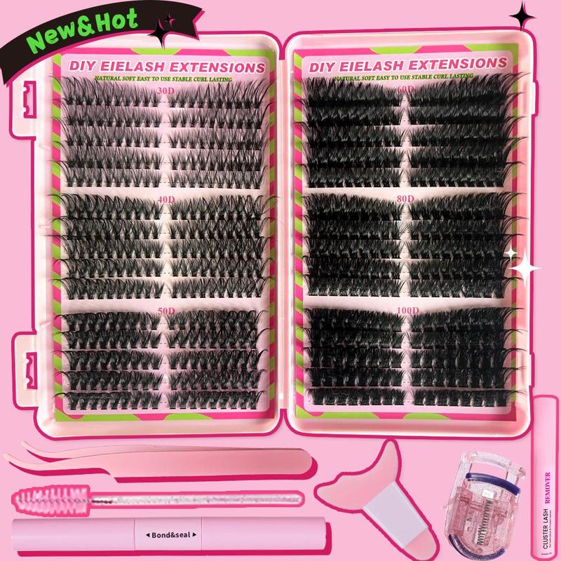 Eyelash Extensions Kit, 1 Set Eyelash Clusters with Eyelash Glue & Tweezers & Brush & Eyelash Curler & Makeup Tools, Eye Makeup Accessories, Cosmetic 0