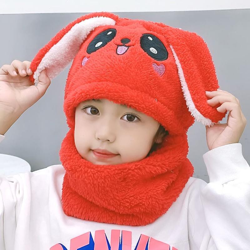 Product Introduction of Winter Cartoon Rabbit Coral Velvet Cap Plush Balaclava Kids Caps Double Fleece Warm Neck Cap Children 11