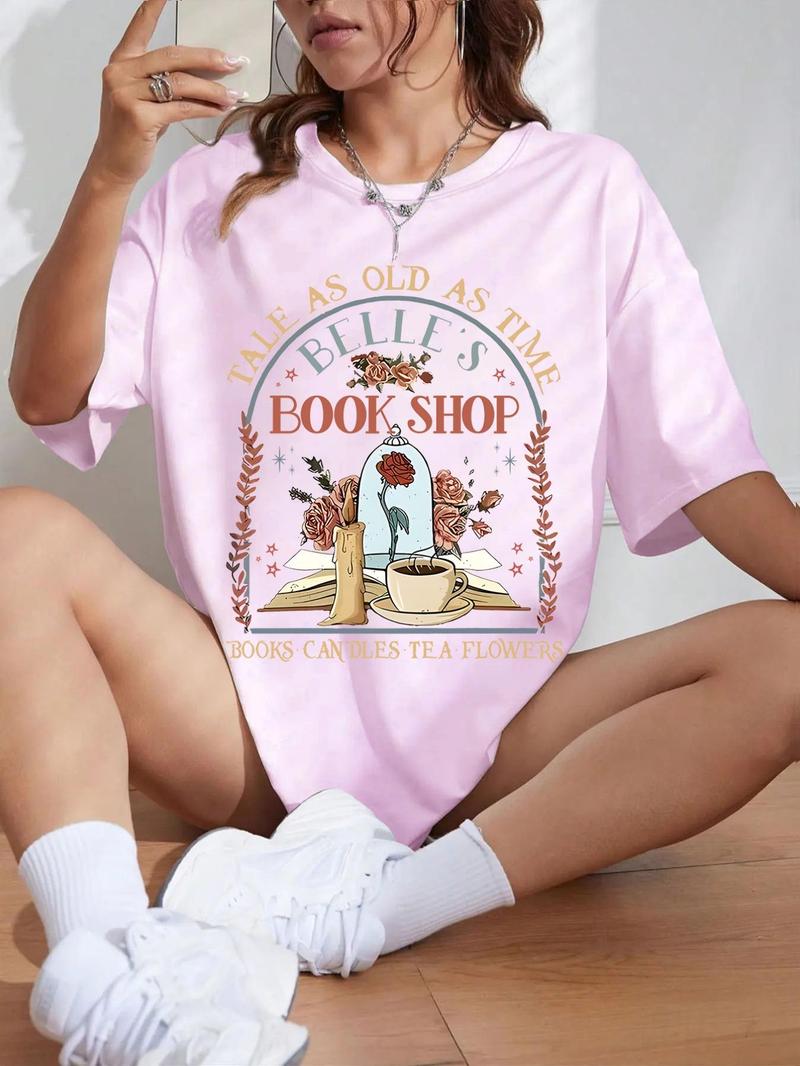 Product Introduction of Women's Floral & Book Print Round Neck Tee, Vintage Trendy Casual Short Sleeve T-shirt for Daily Wear, Ladies Summer Tops 4