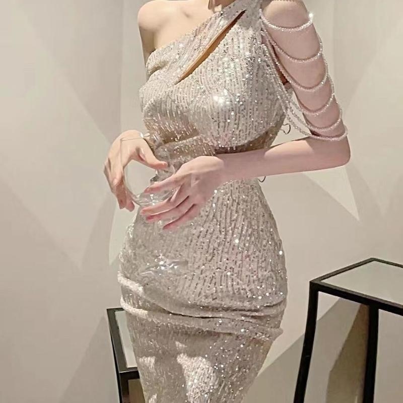 Váy Nữ Thần Thanh Lịch, Phong Cách Hàn Quốc, Đầm Dự Tiệc Trang Trọng, Ôm Vừa Vặn, Bó Sát, Kim Sa Thêu Nặng, Thời Trang Thanh Lịch, 2024 1