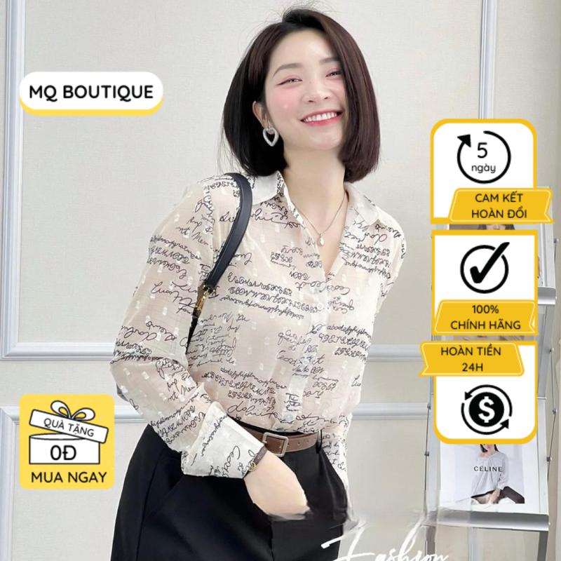 Áo sơ mi nữ tơ cao cấp công sở họa tiết chữ nhỏ màu be tơ nổi, áo sơ mi thiết kế MQ Boutique dài tay