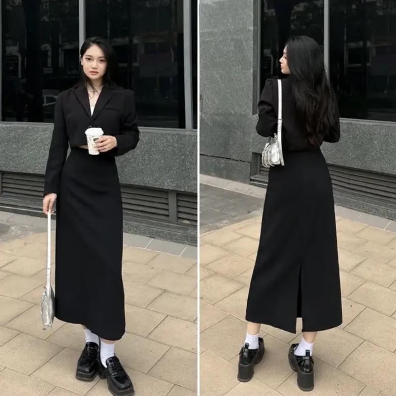  Chân váy bigsize chữ A màu đen cho nữ và bạn gái mặc đi chơi đi học đi làm du lịch hẹn hò mùa xuân mùa hè mùa hạ mùa thu mùa đông phong cách nữ tính sang trọng quý phái hiện đại trẻ trung sành điệu Khuy 