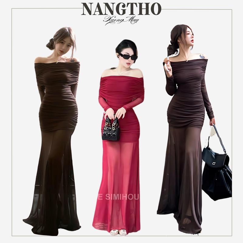 T707 Đầm Body Che Khuyết Điểm Trễ Vai Mặc Nhiều Kiểu Thun Lưới 2 Lớp