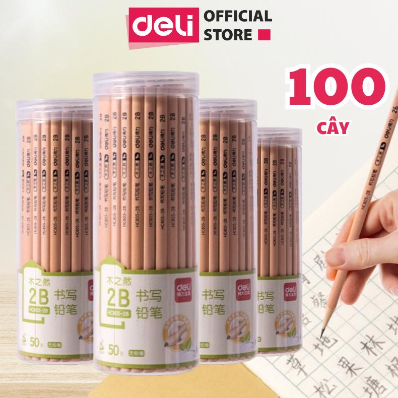 Combo 100 cây bút chì gỗ học sinh 2B HB Deli - Chì đen ăn máy chấm thi, phù hợp chép bài, tập viết, vẽ tranh, phác thảo cho học sinh, sinh viên, văn phòng - Mỗi hộp nhựa có 50 cây