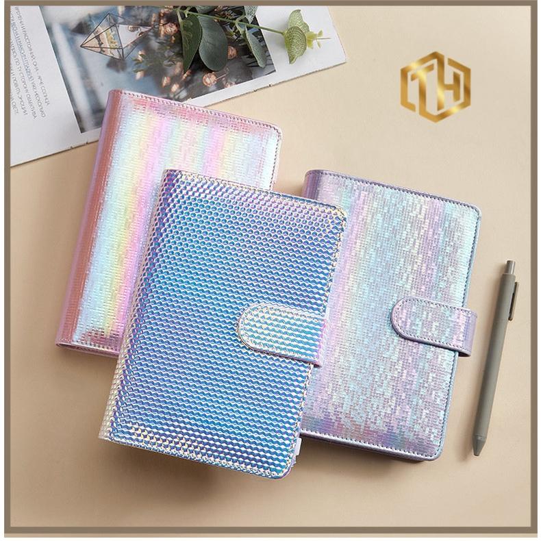 Sổ Tay Đựng Tền Ghi Chú Lập Kế Hoạch Chi Tiêu, Sổ Tiết Kiệm Tiền Bìa Da Pu Lấp Lánh Khóa Nam Châm, 6 Còng 12 Túi Zip A6