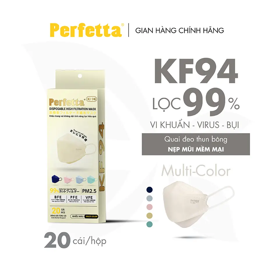 Khẩu Trang Y Tế Cao Cấp Perfetta KF94, Thanh Nẹp Mũi Mềm Mại (20 Cái/Hộp)
