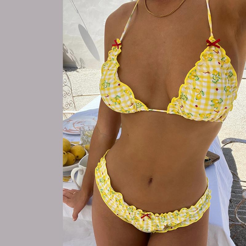 Bộ Bikini Nữ, 2 Mảnh, In Họa Tiết Kẻ Sọc Quả Chanh, Có Nơ, Cổ Yếm Ren, Viền Lưng, Thích Hợp Để Tắm Bra 4