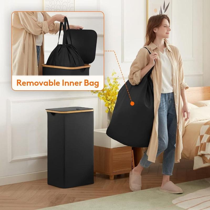Product Introduction of Upgrade Collapsible Slim Laundry Hamper with Lid Foldable Removable Inner Bag Clothes Basket Bin Bamboo Handles Freestanding Storage Bins Towels 12
